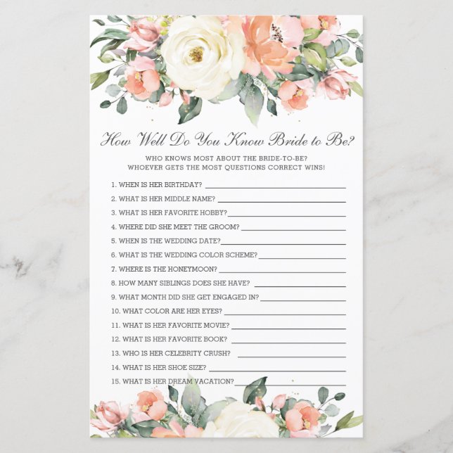 Peach Ivory Floral How Well You Know Bride to Be (Front)