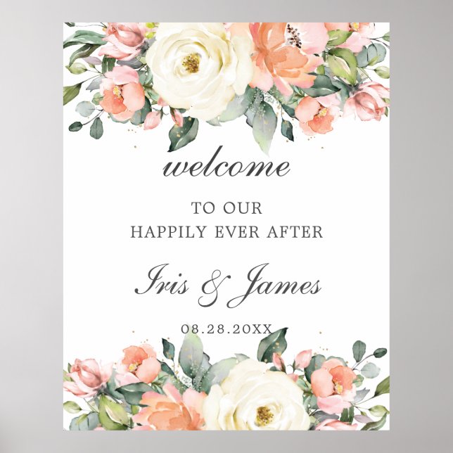 Peach Ivory rose Floral Mariage Affiche de bienven (Devant)