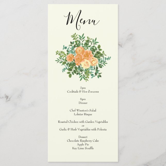 Peach Ivory Wedding Vintage Rose Menu (Front)
