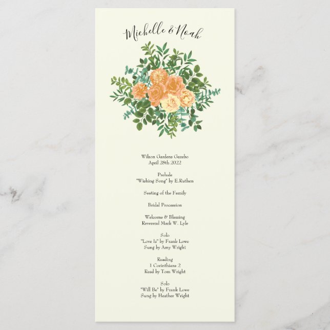 Peach Ivory Wedding Vintage Rose Menu (Front)