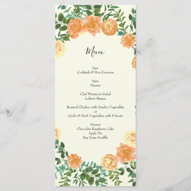 Peach Ivory Wedding Vintage Rose Menu (Front)