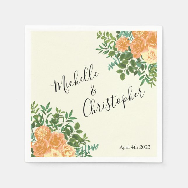 Peach Ivory Wedding Vintage Rose Napkin (Front)