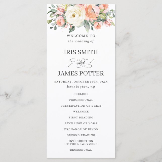 Peach Ivory White Pink Floral Wedding Program (Front)