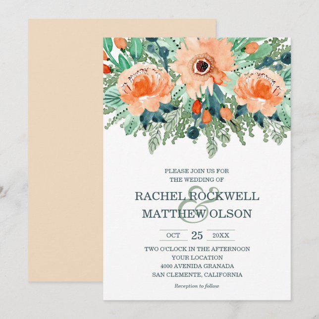 Peach Jade Teal Floral Watercolor Wedding Invites (Front/Back)