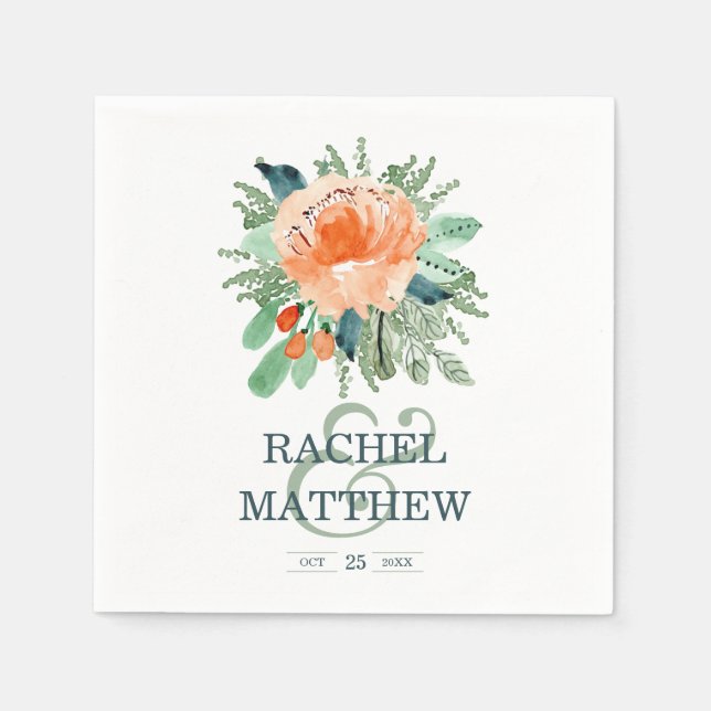 Peach Jade Teal Floral Watercolor Wedding Napkin (Front)
