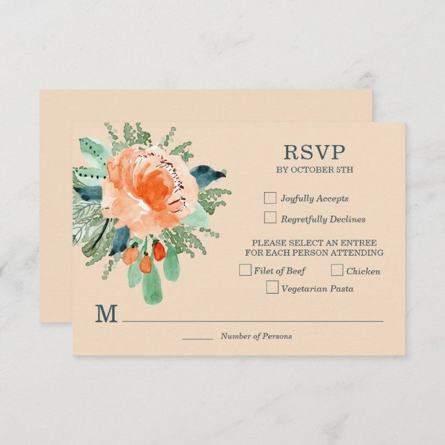 Peach Jade Teal Floral Wedding RSVP Card (Front/Back)