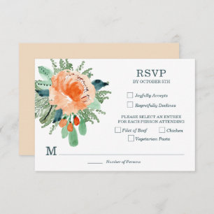 Peach Jade Teal Floral Wedding RSVP Cards