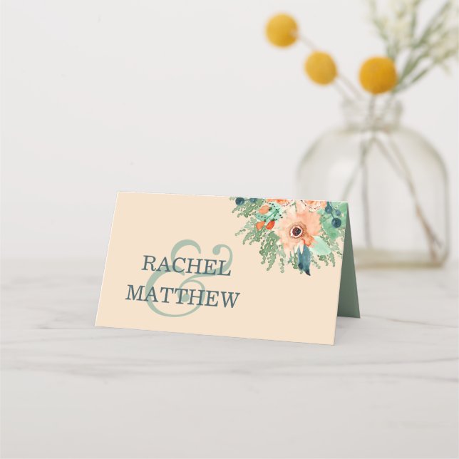 Peach Jade Teal Watercolor Wedding Placecards (Back)