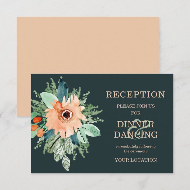 Peach Jade Turquoise Floral Mariage Cartes de Réce (Devant / Derrière)