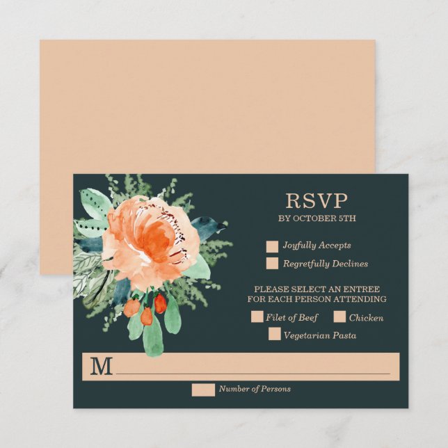 Peach Jade Turquoise Floral Wedding Cartes RSVP (Devant / Derrière)
