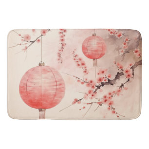 Peach Japanese Lanterns Sakura Blossoms Bath Mat