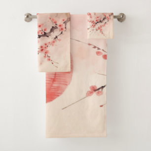 Peach Japanese Lanterns Sakura Blossoms Bath Towel Set
