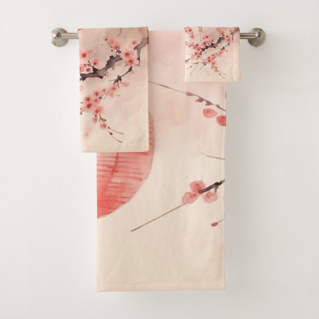 Peach Japanese Lanterns Sakura Blossoms Bath Towel Set (Insitu)