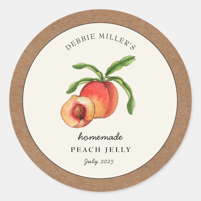 Peach Jelly, Jam Jar with Kraft paper border Classic Round Sticker (Front)