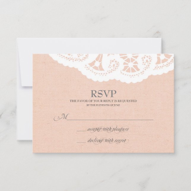 Peach Lace Doily Wedding RSVP Card (Front)