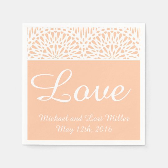 Peach Lace Love Wedding Paper Napkins