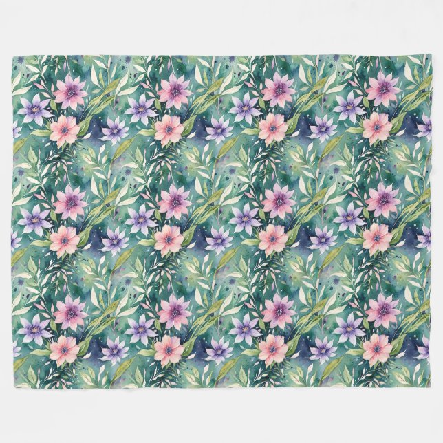 Peach, Lavender, and Teal Modern Floral Fleece Blanket (Front (Horizontal))