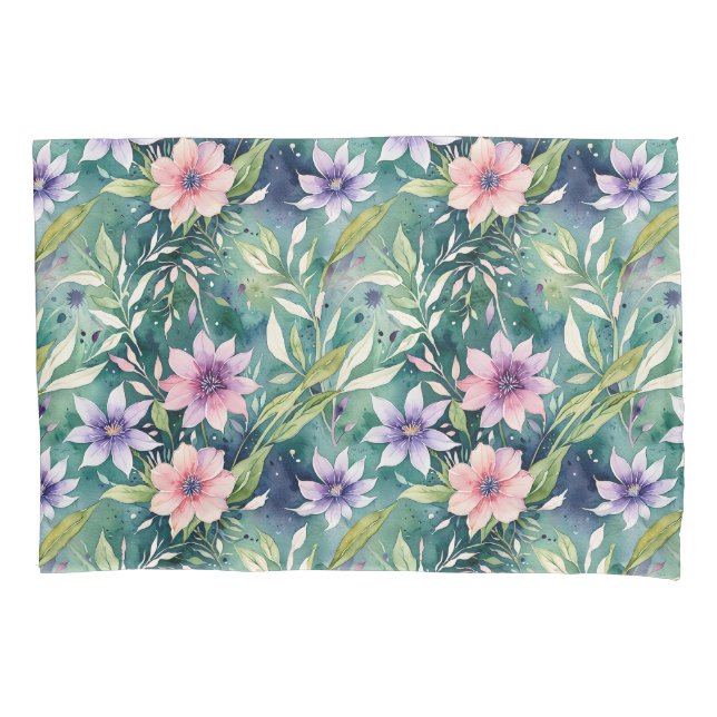 Peach, Lavender, and Teal Modern Floral Pillowcase (Front)