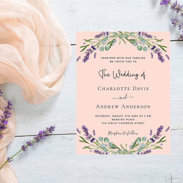 Peach lavender violet florals greenery wedding invitation postcard (Creator Uploaded)