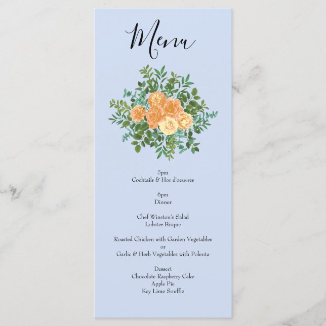Peach Light Blue Peony & Rose Floral Wedding Menu (Front)