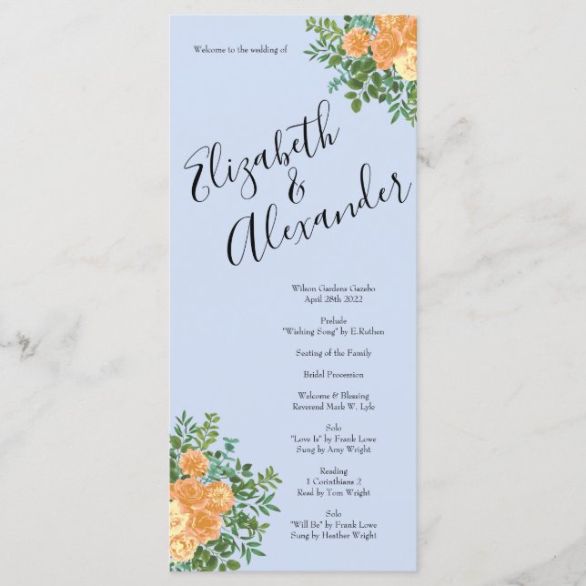 Peach Light Blue Peony Rose Floral Wedding Program (Front)