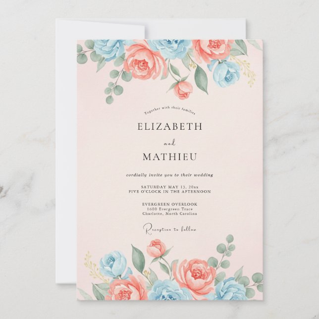 Peach Light Blue Refined Spring Wedding Invitation (Front)