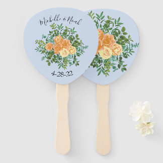 Peach Light Blue Wedding Roses Floral Hand Fan