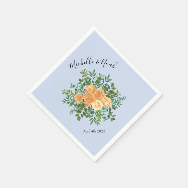 Peach Light Blue Wedding Roses Floral Napkin (Corner)