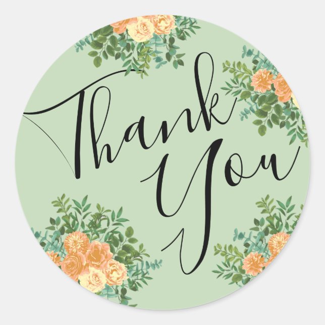 Peach & Light Green Peony & Rose Floral Wedding Classic Round Sticker (Front)