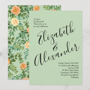 Peach & Light Green Peony & Rose Floral Wedding Invitation