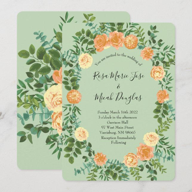Peach & Light Green Peony & Rose Floral Wedding Invitation (Front/Back)