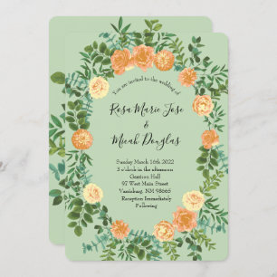 Peach & Light Green Peony & Rose Floral Wedding Invitation
