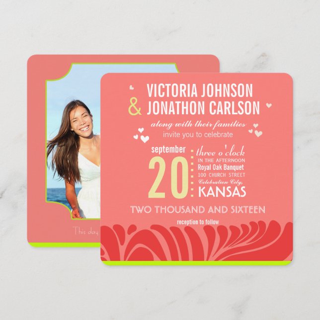 Peach, Lime and Berry Art Deco Wedding Invitations (Front/Back)
