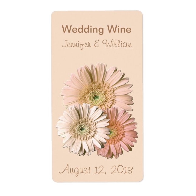 Peach Linen Gerber Daisies Wedding Mini Wine Label (Front)