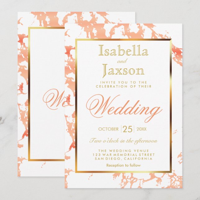 Peach Marble, Gold and White Invitation (Front/Back)