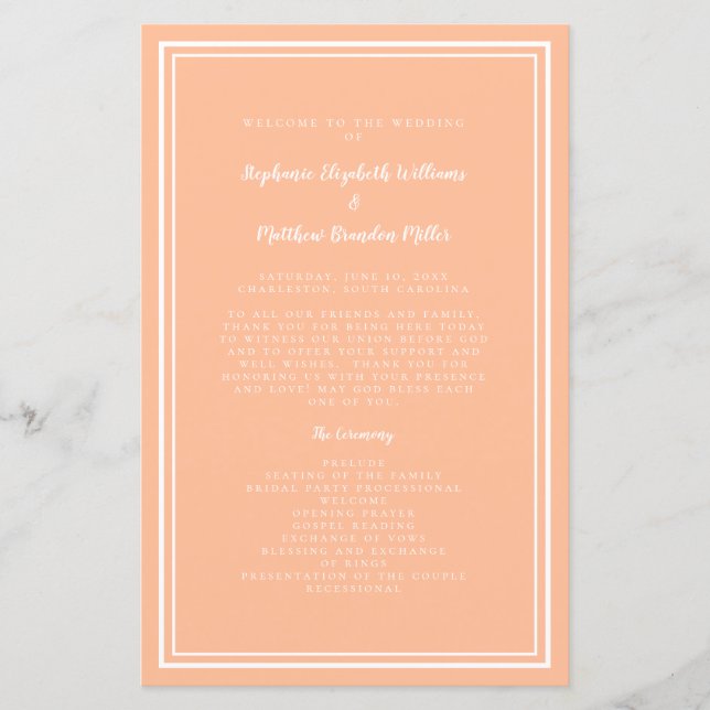 Peach Mariage Script Classic Cérémonie Programme (Devant)