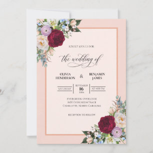 Peach Maroon Bouquet Eucalyptus Wedding Invitation