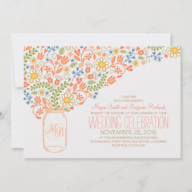 peach mason jar coral flowers wedding invitations (Front)
