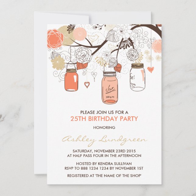 Peach Mason Jars Floral Birthday Party Invitation (Front)