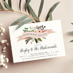 Peach Meadow | Bridesmaids Brunch Invitation<br><div class="desc">Celebrate your best girls with these chic bridesmaids brunch invitations. Design features a blush pink ribbon bearing the words "bridesmaids brunch" with peach flowers and green leaves peeking out. Personalize with your brunch details in inky off-black serif and calligraphy lettering.</div>