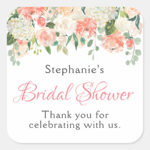 Peach Medley Watercolor Floral Bridal Shower Square Sticker