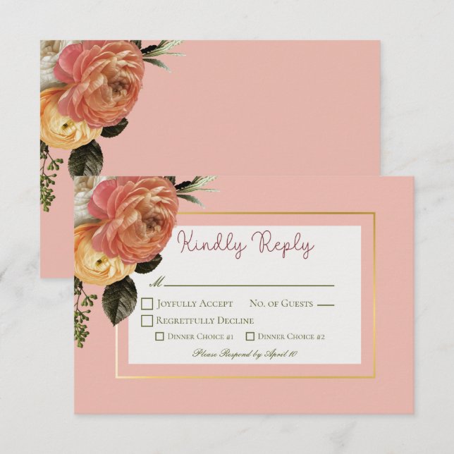 Peach Mimosa Blooms Floral Wedding RSVP Card (Front/Back)