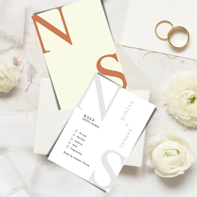Peach Minimalist & Elegant Bold Initials Wedding RSVP Card (Creator Uploaded)