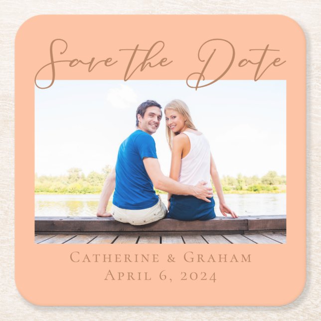 Peach Minimalist Engagement Photo Save the Date Square Paper Coaster (Front)