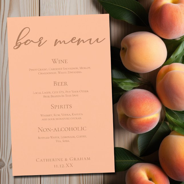 Peach Minimalist Script Summer Wedding Bar Menu (Creator Uploaded)