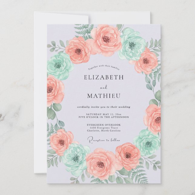 Peach Mint Botanical Flourish Wedding Invitation (Front)