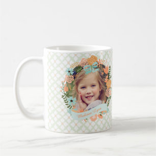 Peach Mint Girly Floral Wreath Photo Custom Coffee Mug