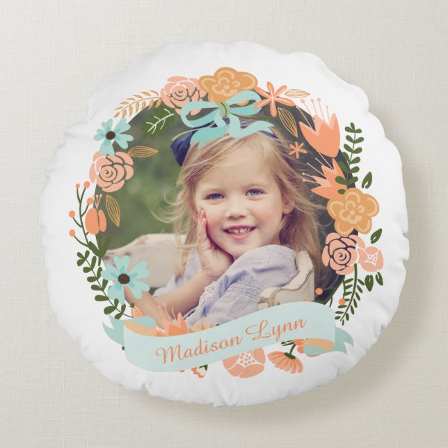 Peach Mint Girly Floral Wreath Photo Custom Round Pillow (Front)
