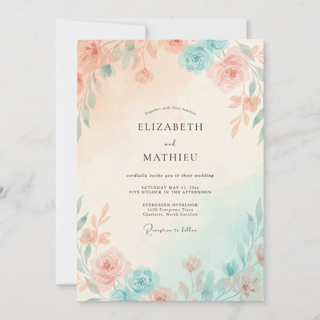 Peach Mint Leafy Wedding Invitation (Front)