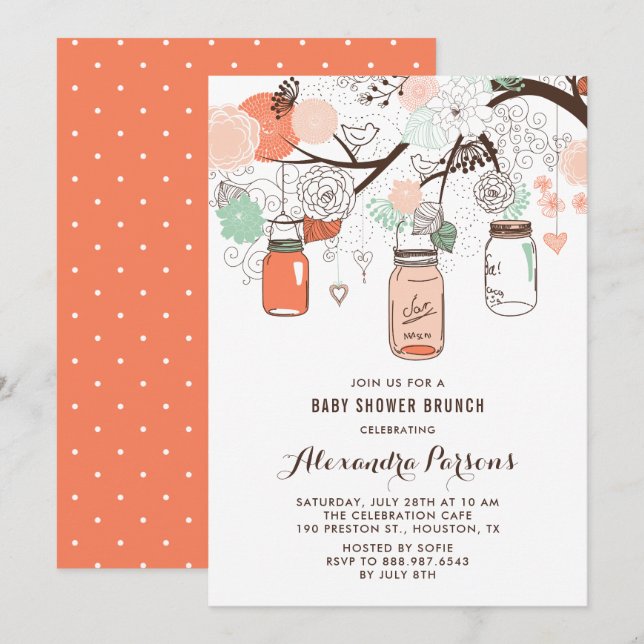 Peach & Mint Mason Jars Floral Baby Shower Brunch Invitation (Front/Back)